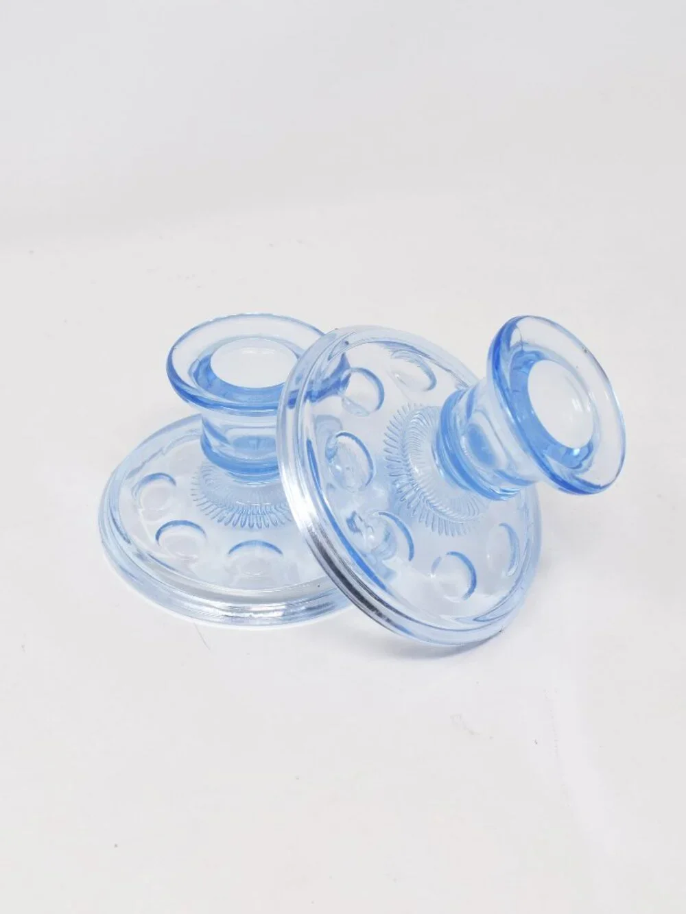 2 Imperial Ice Blue Old English Candlestick Holders Glass Thumbprint Olive Dots